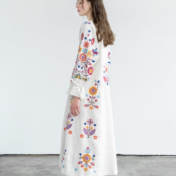 Ukrainian brand linen floral beige dress ETNODIM - Picture 2 of 8